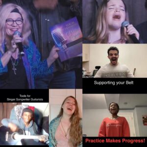 Four people singing outdoors in winter with songbooks.