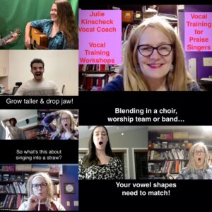 Four people singing outdoors in winter with songbooks.